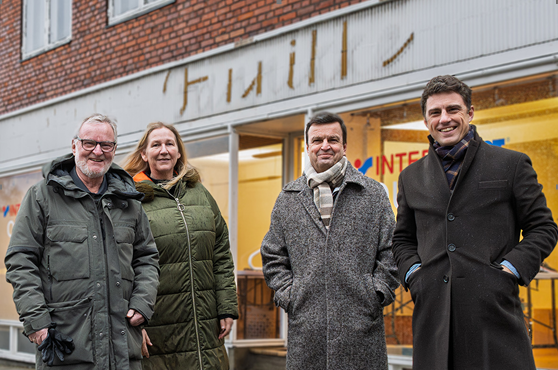 Mats, Claus, Jeanet og Marcus i vores nye lokaler på Snellemark 45 i Rønne