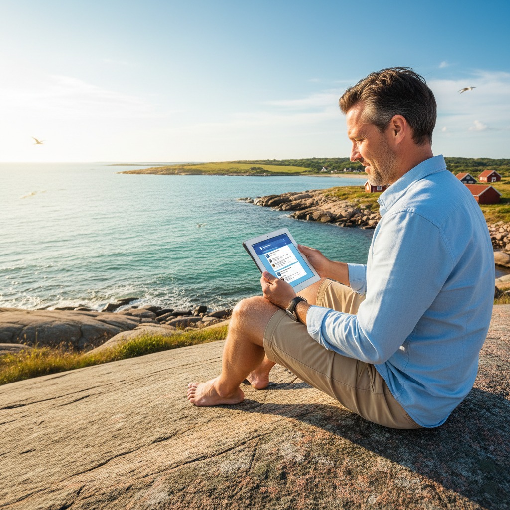 En mand sidder på en klippe ved havet og bruger en tablet i solskinsvejr.